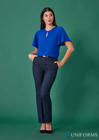 Women’s Renew Tapered Adjustable Waist Pant with royal blue flutter blouse and silver belt