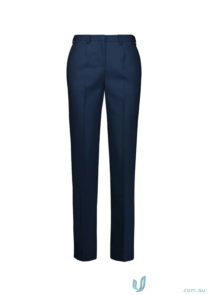 Dark blue Womens Renew Tapered Adjustable Waist Pant with flat front and 5cm hem allowance