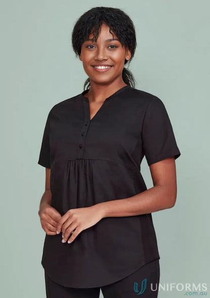 Black short-sleeved Womens Rose Tunic Scrub top with V-neck and button placket