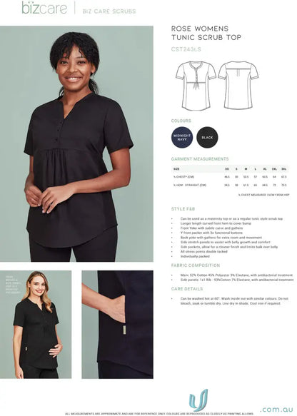 Black womens rose tunic scrub top with V-neck and pleated front, silverplus antibacterial treatment
