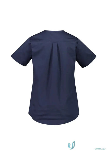 Navy blue Womens Rose Tunic Scrub top with split neckline and pleats, silverplus antibacterial treatment