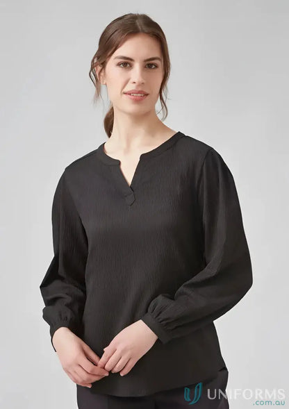 Womens Ruche long sleeve blouse with textured fabric and notched V-neck style