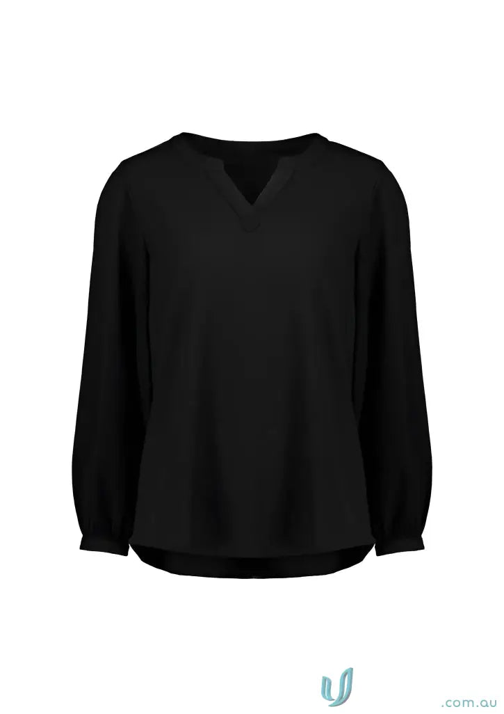 Black womens ruche long sleeve blouse with V-neck and gathered cuffs