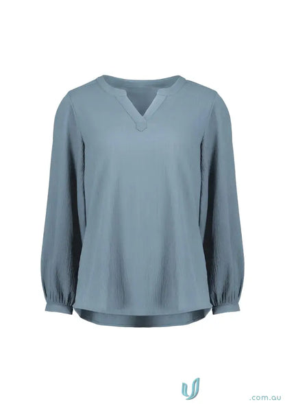 Light blue womens ruche long sleeve blouse with V-neck and ruffled cuffs for women
