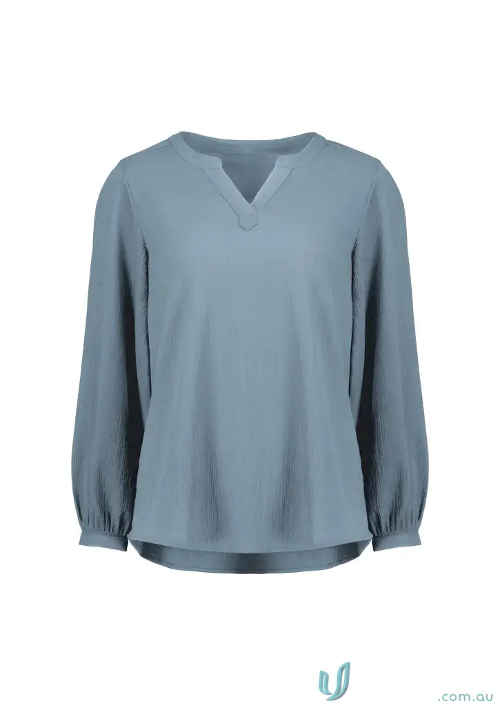 Light blue womens ruche long sleeve blouse with V-neck and ruffled cuffs for women