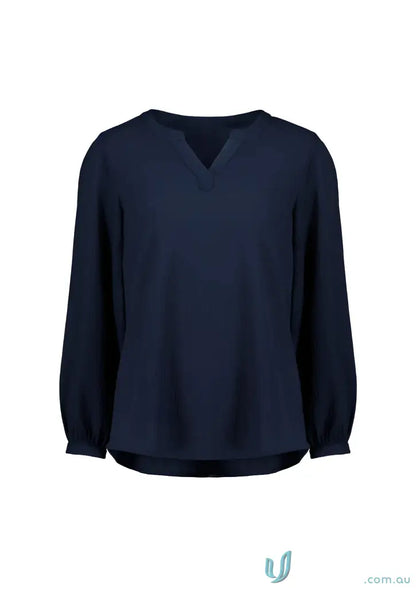 Navy blue womens ruche long sleeve blouse with V-neck and gathered cuffs for a stylish look