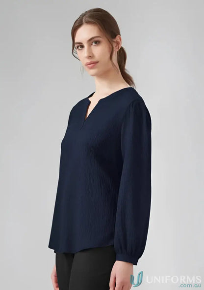 Women’s navy blue long sleeve blouse with V-neck from Womens Ruche collection