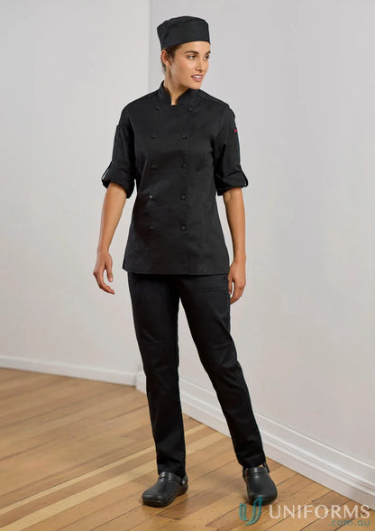 Black chef’s uniform featuring Womens Saffron Chef Flex Pant for a stylish cook look