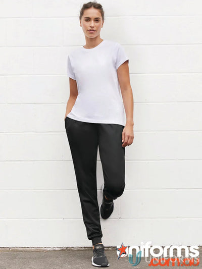 Woman wearing white t-shirt and black sweatpants in Womens Score Pant from Biz Collection Women’s