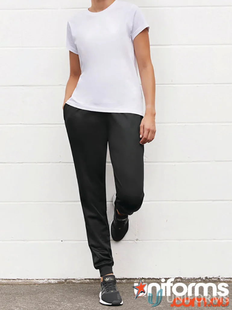 Womens Score Pant from Biz Collection Women’s with a white T-shirt and black sweatpants