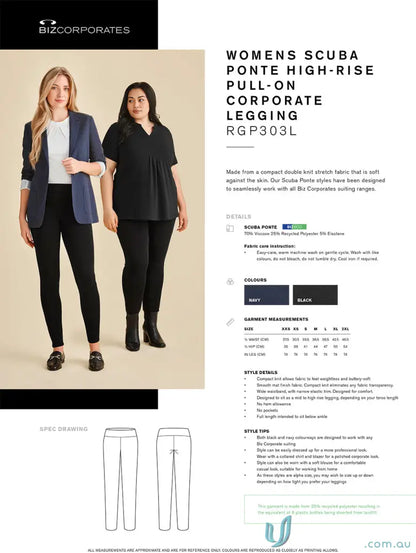 Two women modeling navy and black Womens Scuba Ponte High-rise Pull-on Corporate Leggings