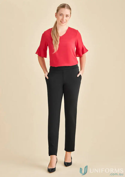Woman wearing red scuba ponte mid-rise pull-on pant RGP304L for stylish comfort