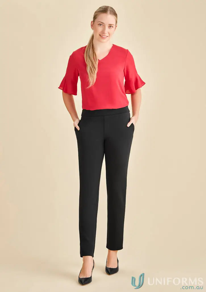 Woman wearing red scuba ponte mid-rise pull-on pant RGP304L for stylish comfort