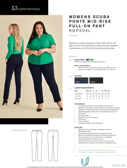 Women’s scuba ponte mid-rise pull-on pants in navy and black, RGP304L fabric