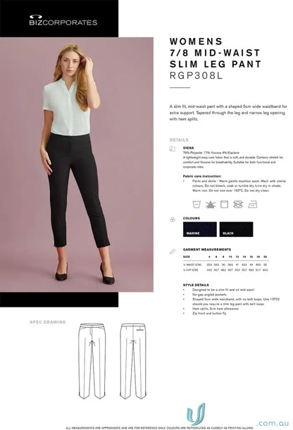 Womens Siena 7/8 mid-waist slim leg pants in black/navy with tapered leg and hem splits