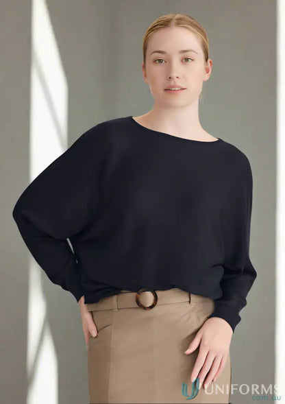 Womens Skye Batwing Sweater Top in navy with tan skirt, perfect for creative industries