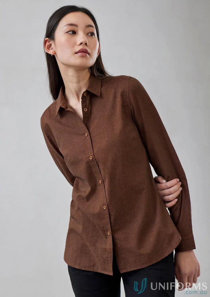 Brown button-down shirt from Womens Soul LS Shirt in Biz Collection Womens soul long sleeve line