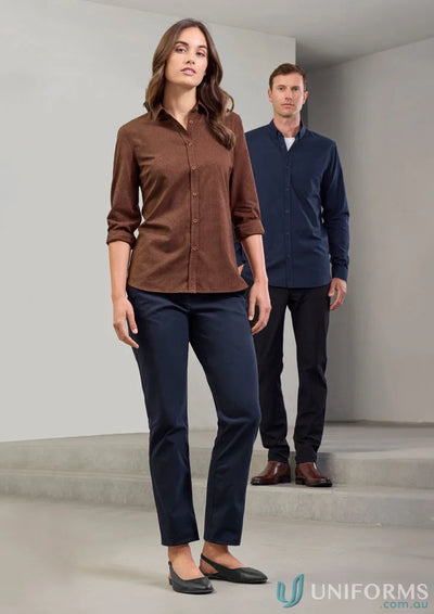 Two people wearing business casual outfits featuring Womens Soul LS Shirt from Biz Collection Womens