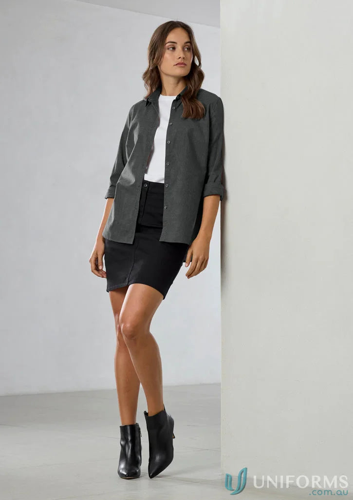 Woman in a gray soul long sleeve shirt and black skirt for Womens Soul LS Shirt product