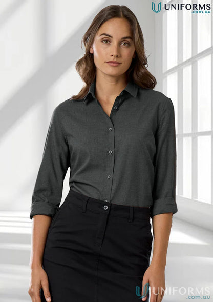 Womens Soul LS Shirt is a stylish charcoal button-down shirt with a black skirt for versatile look