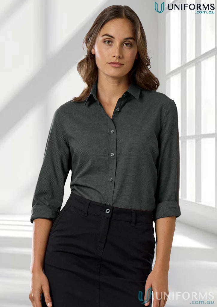 Womens Soul LS Shirt is a stylish charcoal button-down shirt with a black skirt for versatile look