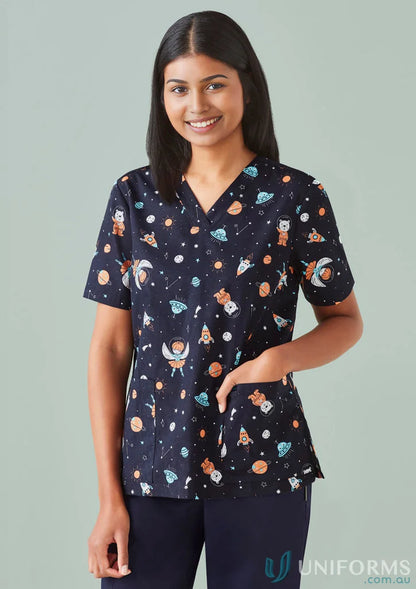 Womens Space Party Scrub Top with printed space party design for a fun space theme look