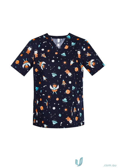 Space-themed scrub top from Bizcare Women’s Printed Space Party Scrub collection