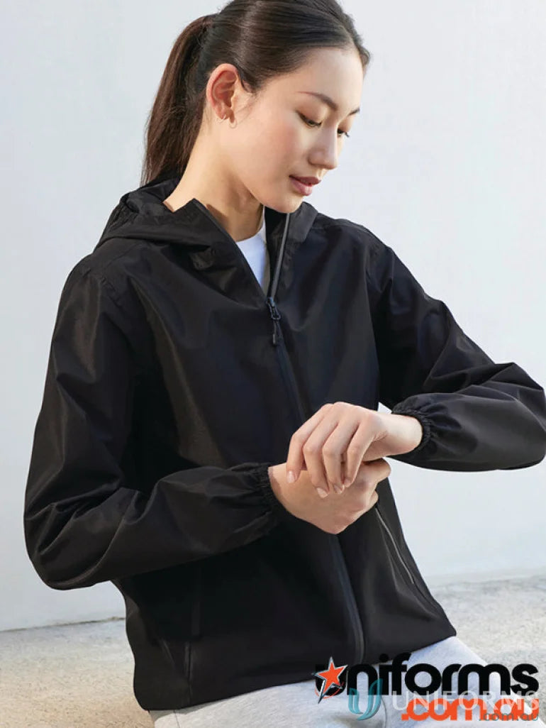 Black hooded lightweight women’s Tempest Jacket with Biz Tech™ waterproof tech™ breathability