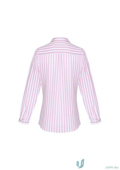 Pink and white striped Verona L/S Shirt, perfect for casual workwear or uniforms