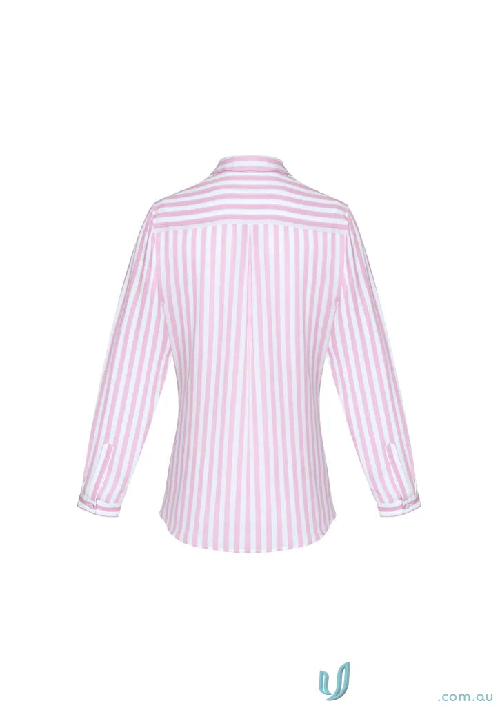 Pink and white striped Verona L/S Shirt, perfect for casual workwear or uniforms