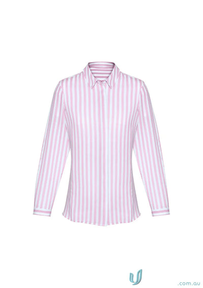 Pink and white striped Womens Verona L/S Shirt perfect for workwear and uniforms