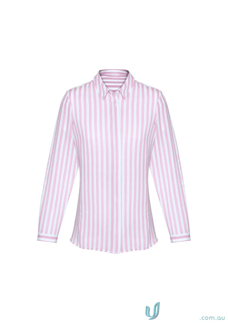 Pink and white striped Womens Verona L/S Shirt perfect for workwear and uniforms