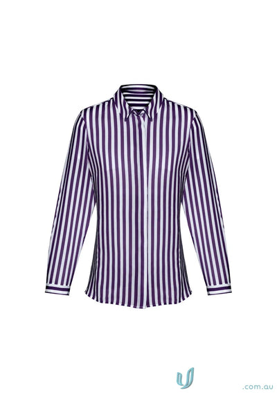 Womens Verona L/S Shirt with purple and white stripes, perfect for uniforms or workwear