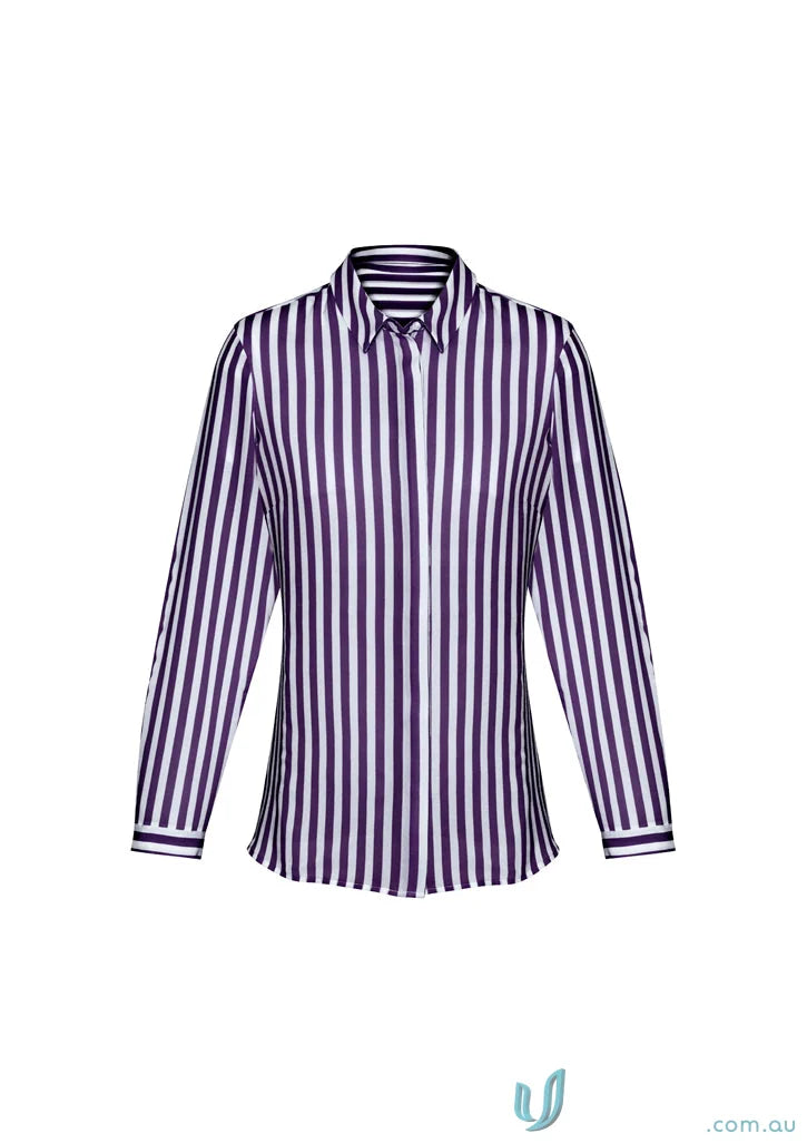 Womens Verona L/S Shirt with purple and white stripes, perfect for uniforms or workwear