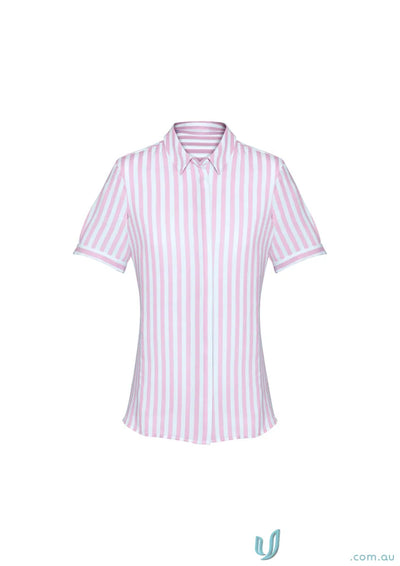 Pink and white striped Womens Verona S/S Shirt for stylish work uniforms or workwear