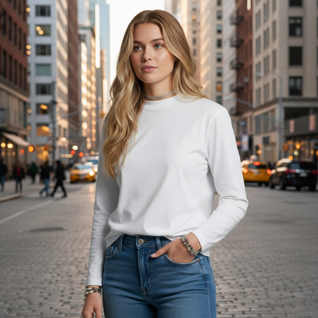 White versatile long sleeve tee in soft cotton blend with ribbed cuffs