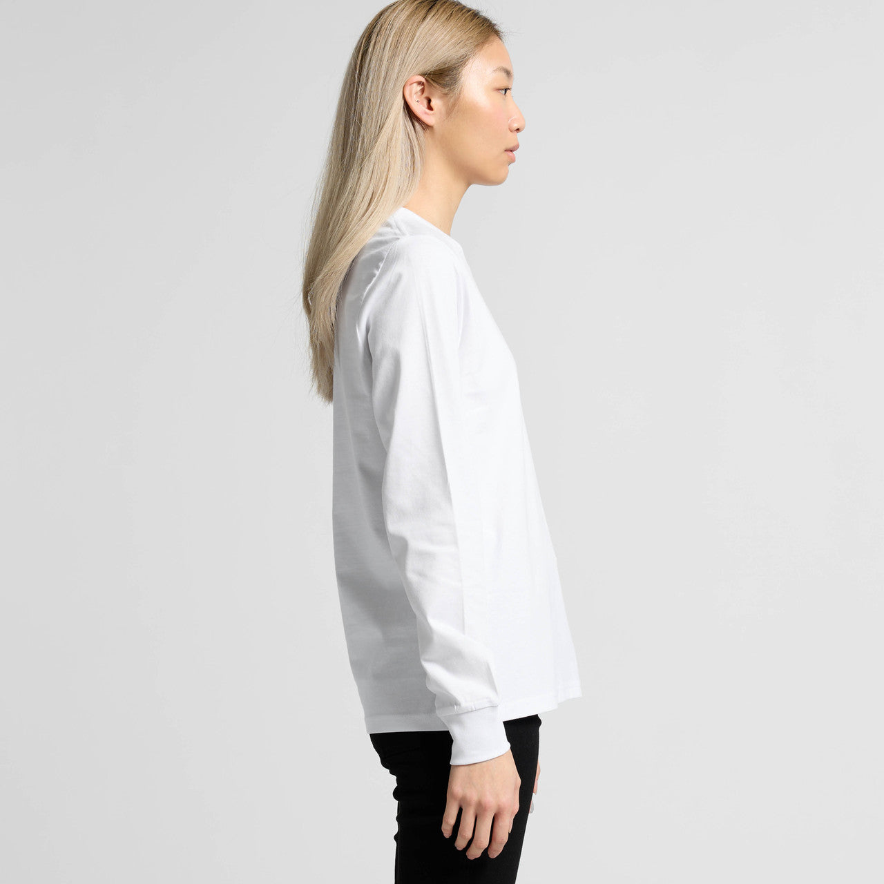 White versatile long sleeve tee with crew neck and ribbed cuffs