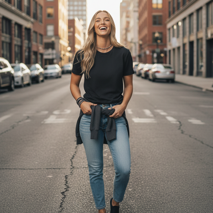 Black womens versatile maple tee with pocket detail
