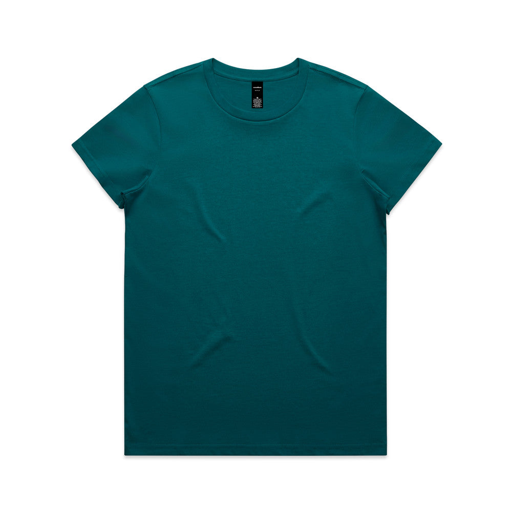 Teal short-sleeve crew neck versatile maple tee for women