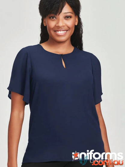 Navy blue Womens Vienna SS Blouse with fluted sleeves and easy-care fabric
