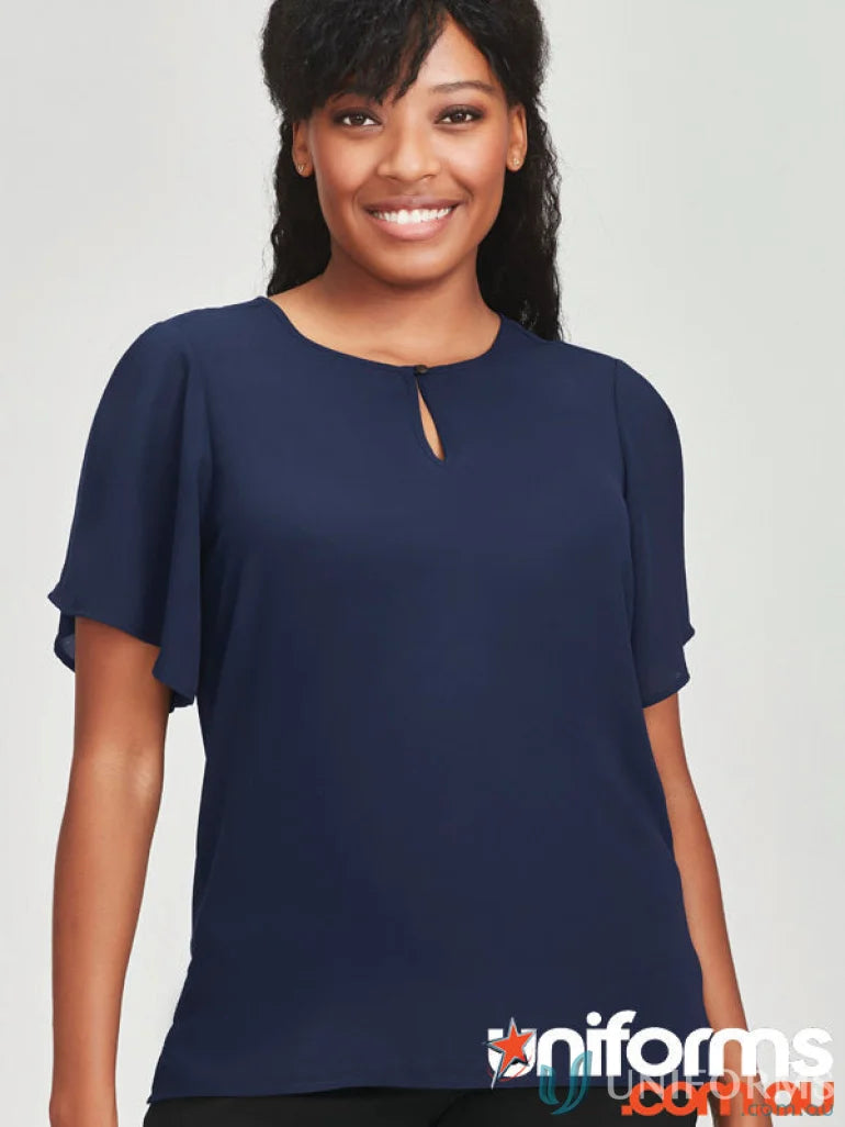 Navy blue Womens Vienna SS Blouse with fluted sleeves and easy-care fabric