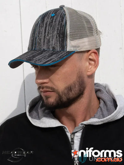Patterned trucker cap with wide imprint in Wood Printed Trucker Mesh Cap style