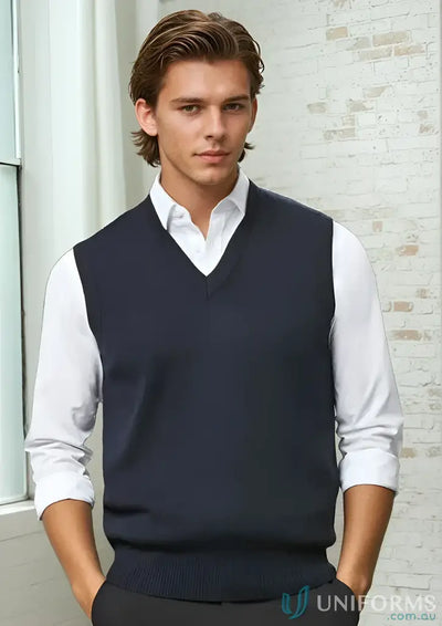 Wool Mix Vest from Biz Collection Wool featuring navy blue V-neck over white shirt