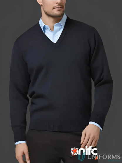 Navy V-neck sweater from Woolmix Knit Pullover collection, comfy knit pullover for fall