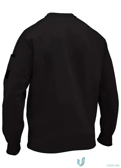 Black work fleece crew neck jumper with ribbed cuffs and small patches on sleeve