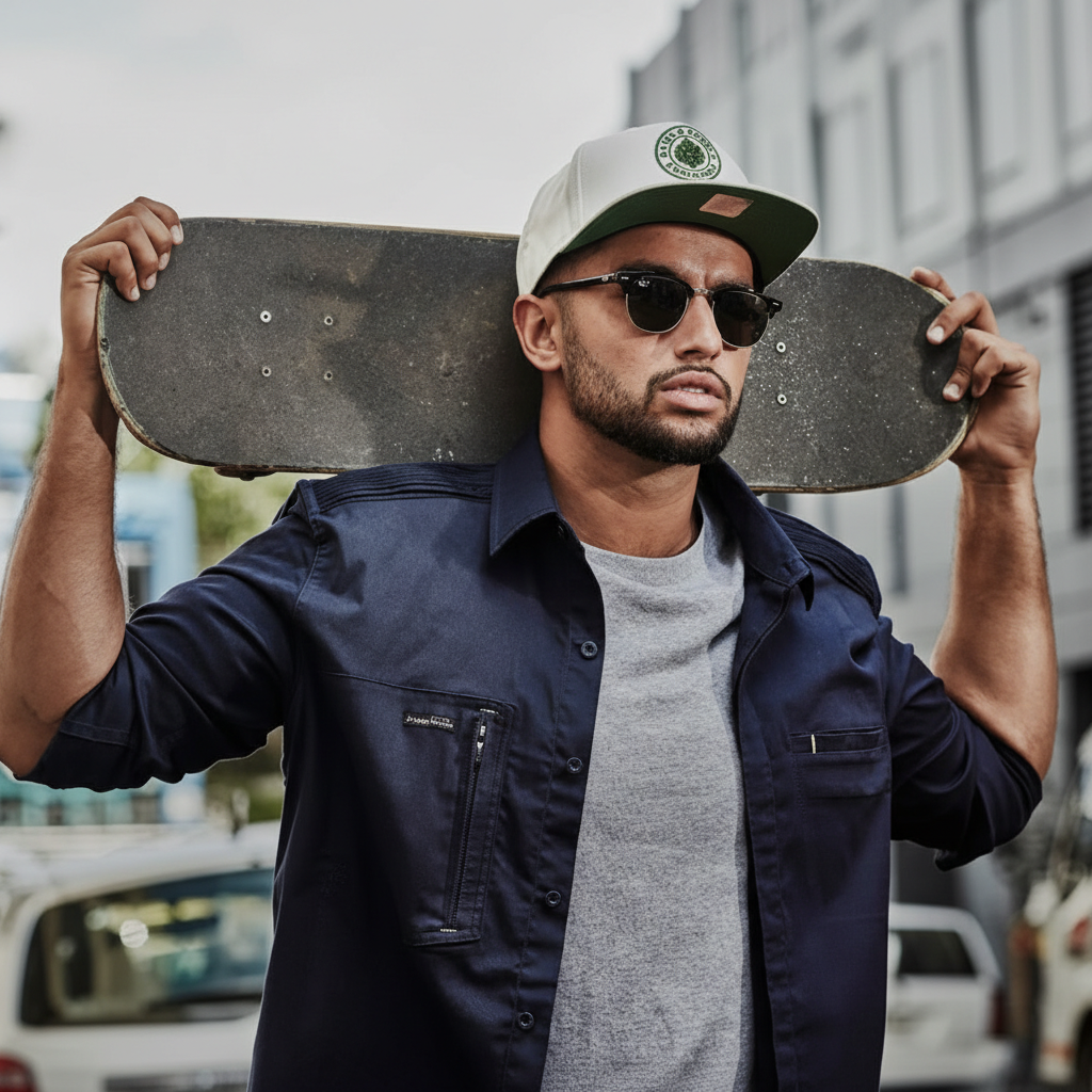 Man holding a skateboard with a cityscape background