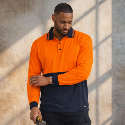 WorkCraft HiVis lightweight LS polo in bright orange navy with double stripe workwear uniforms