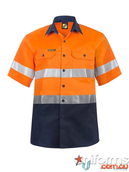 Orange and navy blue WorkCraft HiVis S/S shirt made of cotton drill with reflective tape for work uniform safety