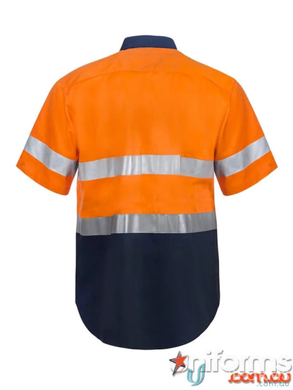 WorkCraft HiVis S/S Shirt with orange and navy blue cotton drill work uniform and reflective tape