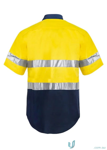 Yellow and navy blue WorkCraft HiVis S/S Shirt with reflective tape for work uniform safety